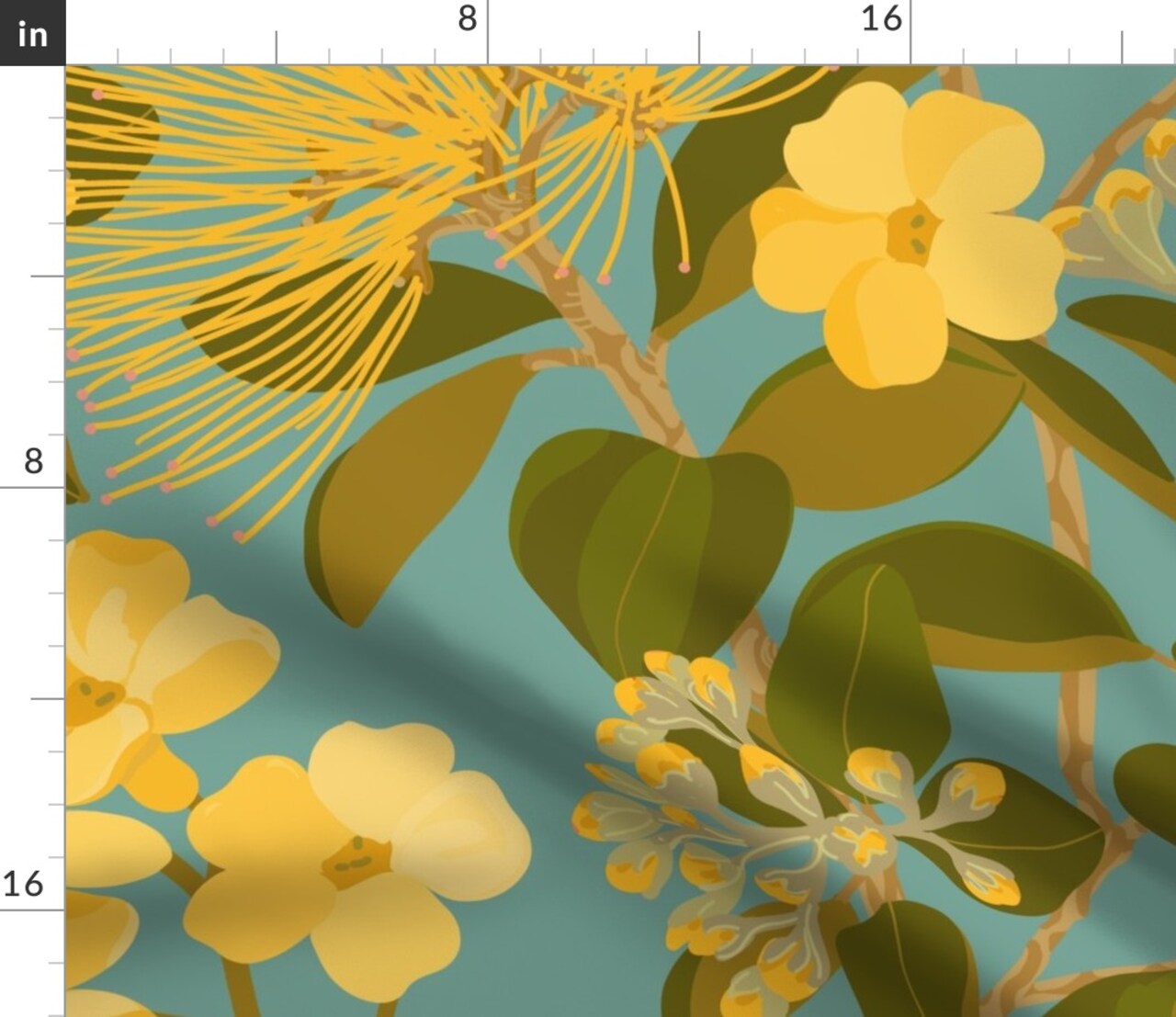 Teal Floral Botanical Jungle Tropical Hawaiian Mimosa Tree Flowers Foliage Large Scale Custom Printed Fabric by Spoonflower Various Fabrics by the Yard or Fat Quarter